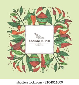 Background with cayenne pepper: cayenne pepper plant, seeds and whole cayenne pepper. Vector hand drawn illustration.