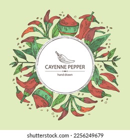 Background with cayenne pepper: cayenne pepper plant, seeds and whole cayenne pepper. Vector hand drawn illustration.
