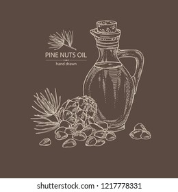 Background with cedar cone and bottle of cedar oil. Vector hand drawn illustration
