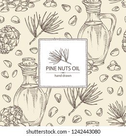Background with cedar cone and bottle of cedar oil. Vector hand drawn illustration
