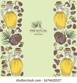 Background with cedar cone and bottle of cedar oil. Vector hand drawn illustration