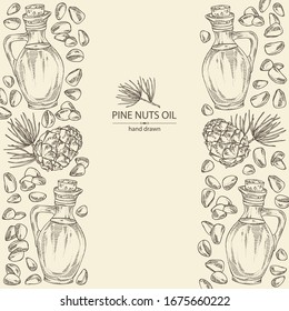 Background with cedar cone and bottle of cedar oil. Vector hand drawn illustration