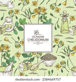 Background with celandine: celandine plant, leaves and celandine flowers. Chelidonium. Oil, soap and bath salt . Cosmetics and medical plant. Vector 