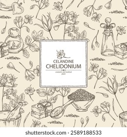 Background with celandine: celandine plant, leaves and celandine flowers. Chelidonium. Oil, soap and bath salt . Cosmetics and medical plant. Vector