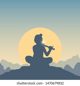 Background for celebration of Happy Janmashtami festival of India. Lord Krishna playing the flute at the top of a hill. Vector flat card, banner with silhouette of boy and mountain landscape, sun.