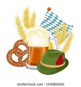 Background of the celebration of the Oktoberfest. Hand-drawn beer, pretzel and sausage . Green hat. Hand lettering. Sketch. Oktoberfest design for menu, poster, banner, flyer, brochure, web