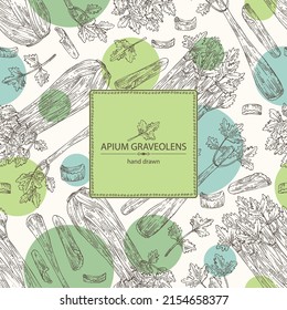 Antecedentes con apio: planta de apio, hojas y pieza de apio. Granos de aluminio. Ilustración dibujada a mano por vectores. 