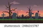 The background of the cemetery in pixel art style. Vector seamless landscape of graveyard with tombstones, crests, trees and fence against cloudy sky.