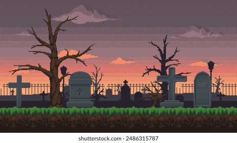 The background of the cemetery in pixel art style. Vector seamless landscape of graveyard with tombstones, crests, trees and fence against cloudy sky.