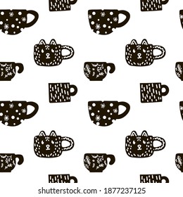 The background of ceramic dishes is black and white. Pattern of kitchen utensils in a Scandinavian animal drawing. Cups and mugs for home cooking with folk pattern. Color illustration vector texture
