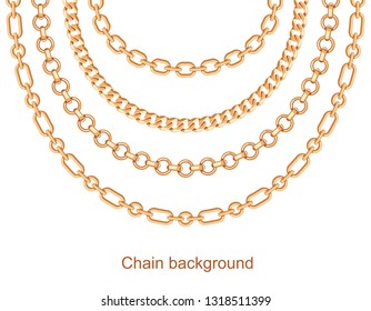 Background with chains golden metallic necklace. On white. Vector illustration