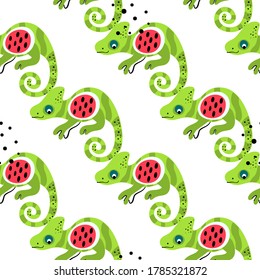 Background with chameleon lizard and watermelon slice. Tropical jungle vector seamless pattern. Colorful illustration made in funny doodle cartoon 
style.