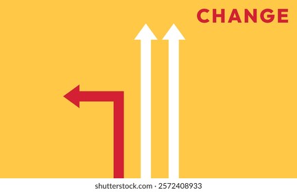 Background change concept. Minimalist stile red arrow changing direction and white ones. New idea, changer, trend, courage, creative solution,business, innovation and unique way concept