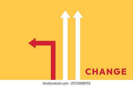 Background change concept. Minimalist stile red arrow changing direction and white ones. New idea, changer, trend, courage, creative solution,business, innovation and unique way concept