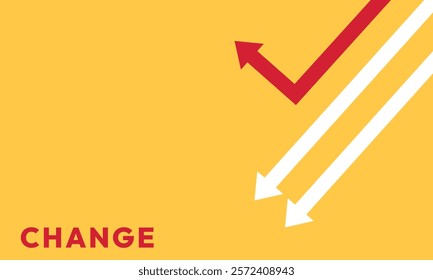 Background change concept. Minimalist stile red arrow changing direction and white ones. New idea, changer, trend, courage, creative solution,business, innovation and unique way concept