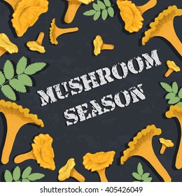 Background with chanterelles and leaves. Mushroom season