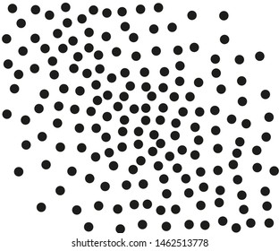 Background with chaotic dots, points, circle. Abstract monochrome pattern. Random halftone. Pointillism style. Black and white color. Vector illustration