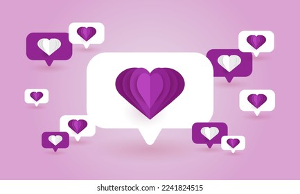 Background with chat icons with paper hearts. Concept of talking, messages, communication. Paper art vector illustration. 