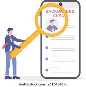 Background check for employment or hiring, work experience or career history concept, criminal or drug check on candidate or employee, businessman with magnifying glass checking candidate documents.

