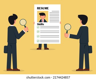 Background check for employment or recruitment. businessman with magnifier checking on candidate document, career history concept