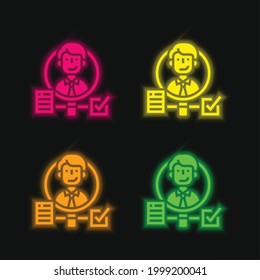 Background Check four color glowing neon vector icon