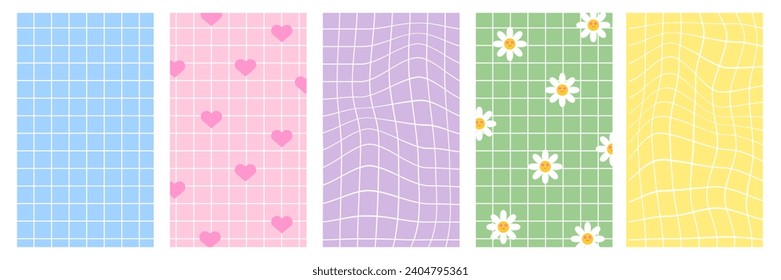 Background checkered distorted in pastel color in y2k style set. Pattern cell print with heart, daisy flower. Vector illustration design for poster, cover, social media