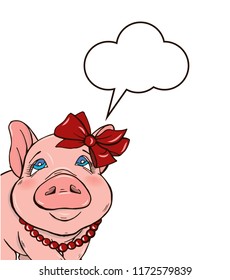 Background with cheerful, elegant pig, vector illustration