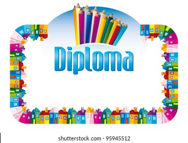 Background with a cheerful frame of dolls ' houses dating and crayons diploma for children