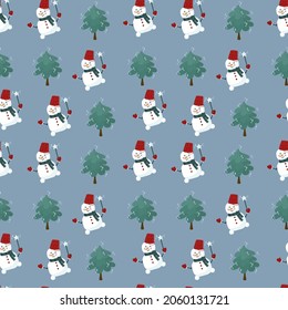 Background with a cheerful snowman. Background with a cheerful winter character and a magic wand. Happy New Year and Merry Christmas. Vector illustration