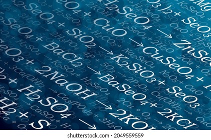 Background for a chemistry presentation. Formulas for chemistry. Abstract vector illustration of a set of chemistry formulas arranged in isometry on blue.