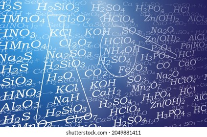 Background for a chemistry presentation. Formulas and equations in chemistry. Abstract vector illustration of a set of chemistry formulas arranged in perspective on blue.