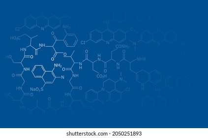 Background for a chemistry presentation. Formulas for organic chemistry. Abstract vector illustration of organic chemistry formulas on blue with space for text.