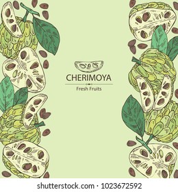 Background with cherimoya: fruit, cherimoya slice and leaves. Vector hand drawn illustration.