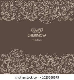 Background with cherimoya: fruit, cherimoya slice and leaves. Vector hand drawn illustration.