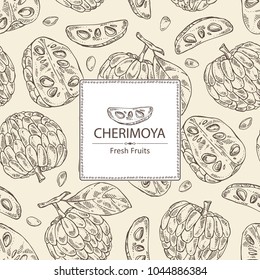 Background with cherimoya: fruit, cherimoya slice and leaves. Vector hand drawn illustration.