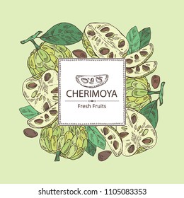 Background with cherimoya: fruit, cherimoya slice and leaves. Vector hand drawn illustration.