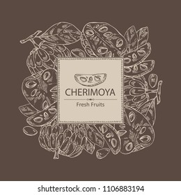 Background with cherimoya: fruit, cherimoya slice and leaves. Vector hand drawn illustration.