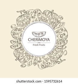 Background with cherimoya: fruit, cherimoya slice and leaves. Vector hand drawn illustration.