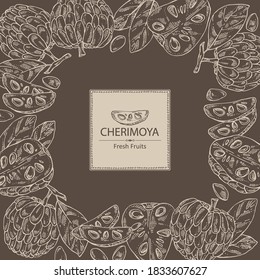 Background with cherimoya: fruit, cherimoya slice and leaves. Vector hand drawn illustration.