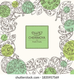 Antecedentes con cherimoya: frutas, trozos de cherimoya y hojas. Ilustración dibujada a mano por vectores.