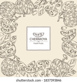 Background with cherimoya: fruit, cherimoya slice and leaves. Vector hand drawn illustration.