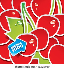 Background from cherries with an arrow by organic food. Vector illustration.