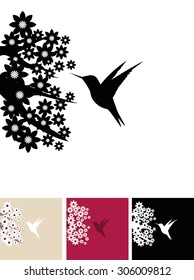 Background with cherry blossom flowers and flying hummingbird