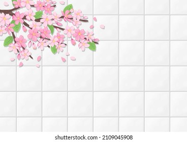 Fondo con floración de cerezo en azulejos, ilustración vectorial
