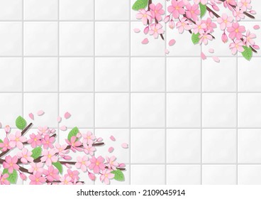 Fondo con floración de cerezo en azulejos, ilustración vectorial