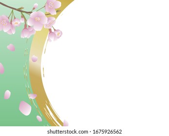 Background of cherry branches and flowers and gold round edge drawn in vector