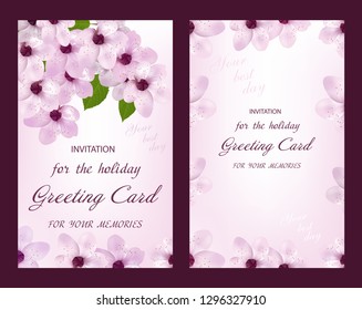 Background with cherry or sakura blossom. Set vertical template greeting card or wedding invitation. Vector illustration.