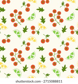 Hintergrund mit Kirschtomaten, Limette und Zitronenscheiben. Das Muster ist auf beigem und cremefarbenem Hintergrund. Vektorgrafik
