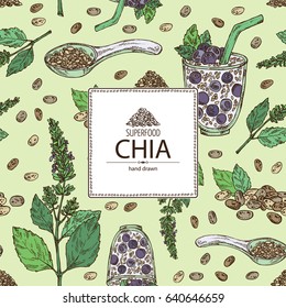 Background with chia: cocktail with chia and blueberries, plant and seeds. Superfood. Hand drawn