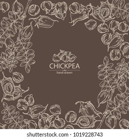 Background with chickpea: chickpea bean, pod, chickpea plant and leaves Vector hand drawn illustration